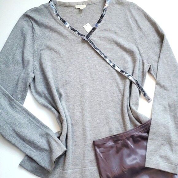 NWT TALBOTS GRAY SILVER COTTON BLEND V-NECK SEQUIN SWEATER SZ XL - Picture 1 of 9